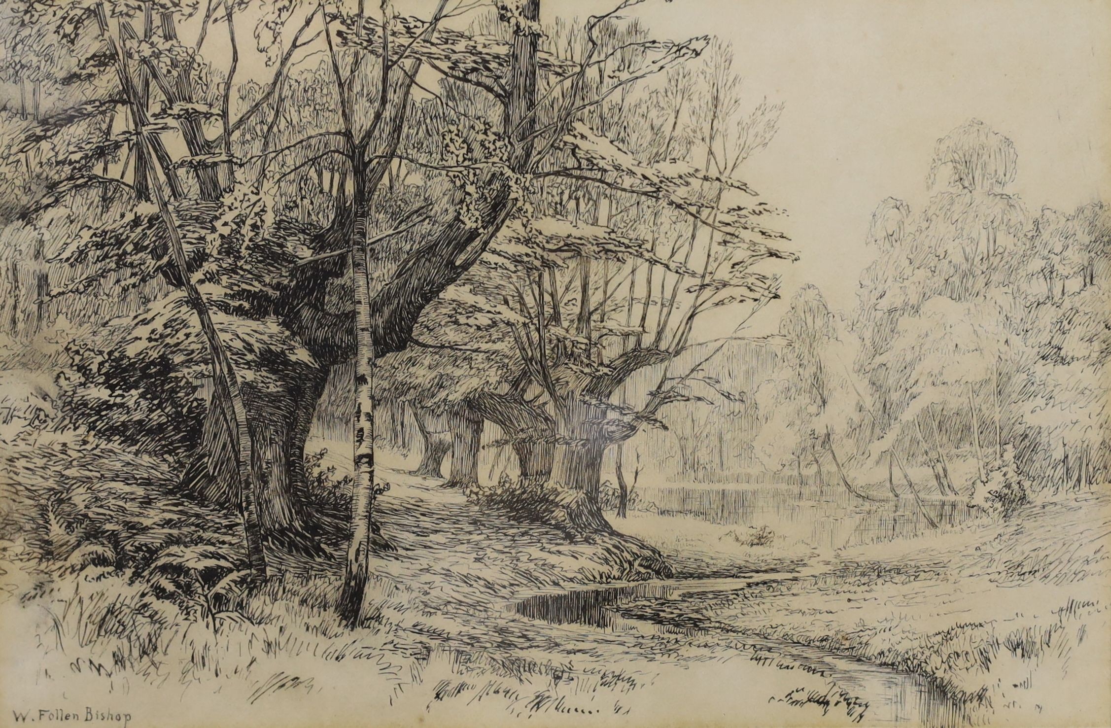 Walter Follen Bishop (1856-1936), pen and ink, Burnham Beeches, signed, 15 x 22cm